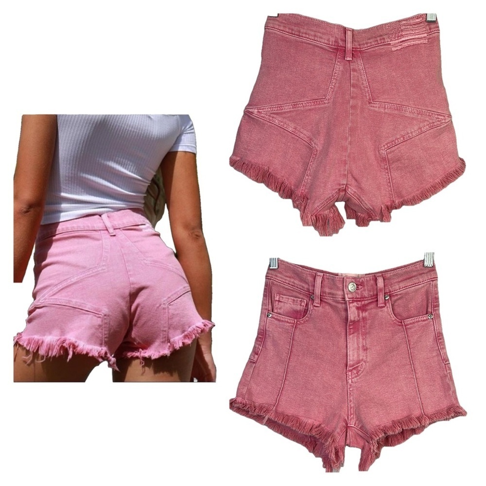REVICE High Rise Pink Jean Short Frayed Hem Size 28 Cotton Stretch Star Back USA